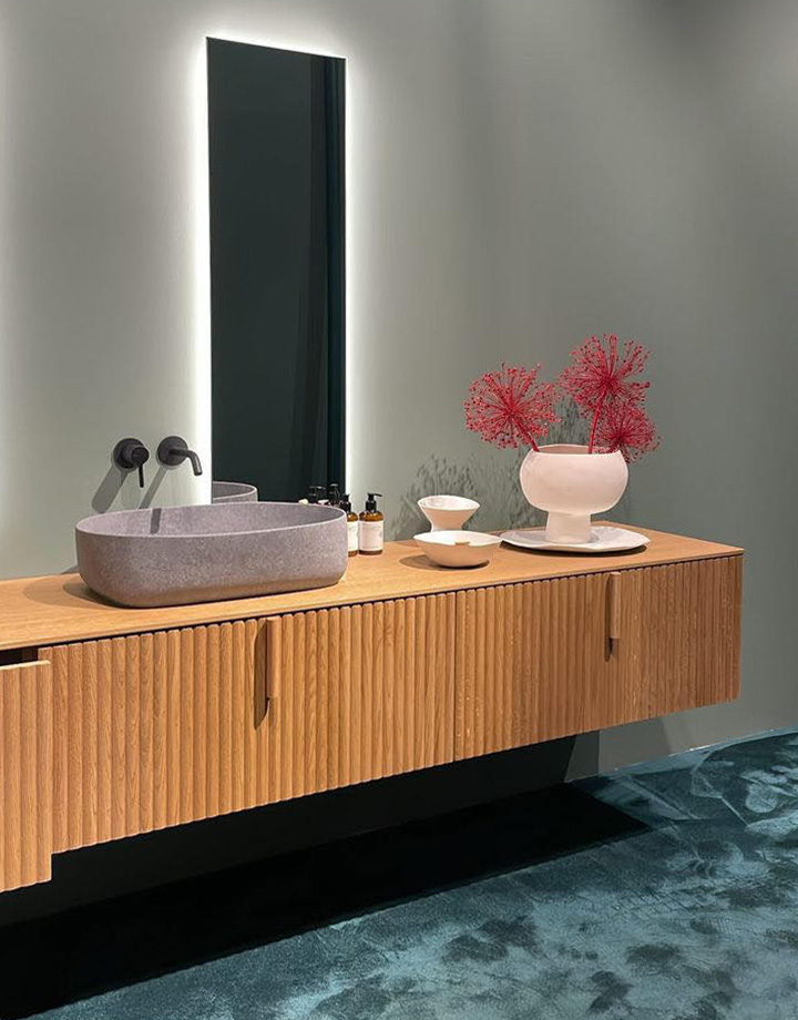 Reeded textures on a bathroom vanity.