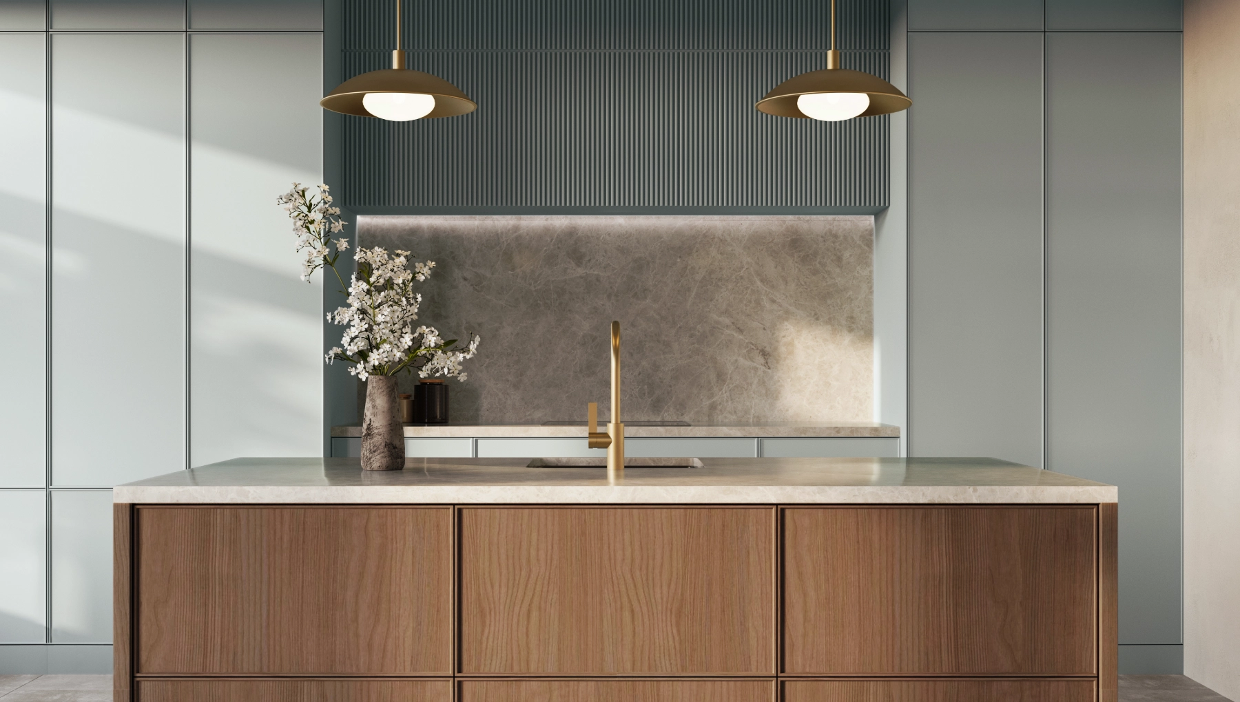 Modern blue kitchen by Cabico featuring reeded full-height cabinets in Early Breeze and a solid wood island in Almond on red birch.