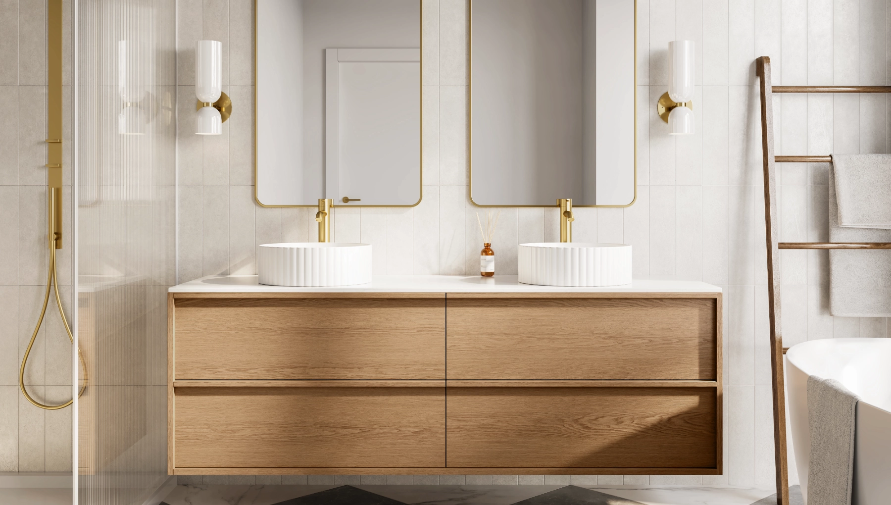 Floating Japandi-style bathroom vanity by Cabico in whitewashed white oak, featuring four handleless drawers and frameless construction.