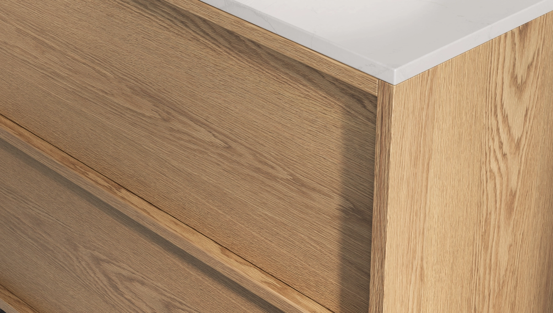 Close-up of Japandi-style bathroom vanity by Cabico in whitewashed white oak, featuring handleless drawers and floating design.