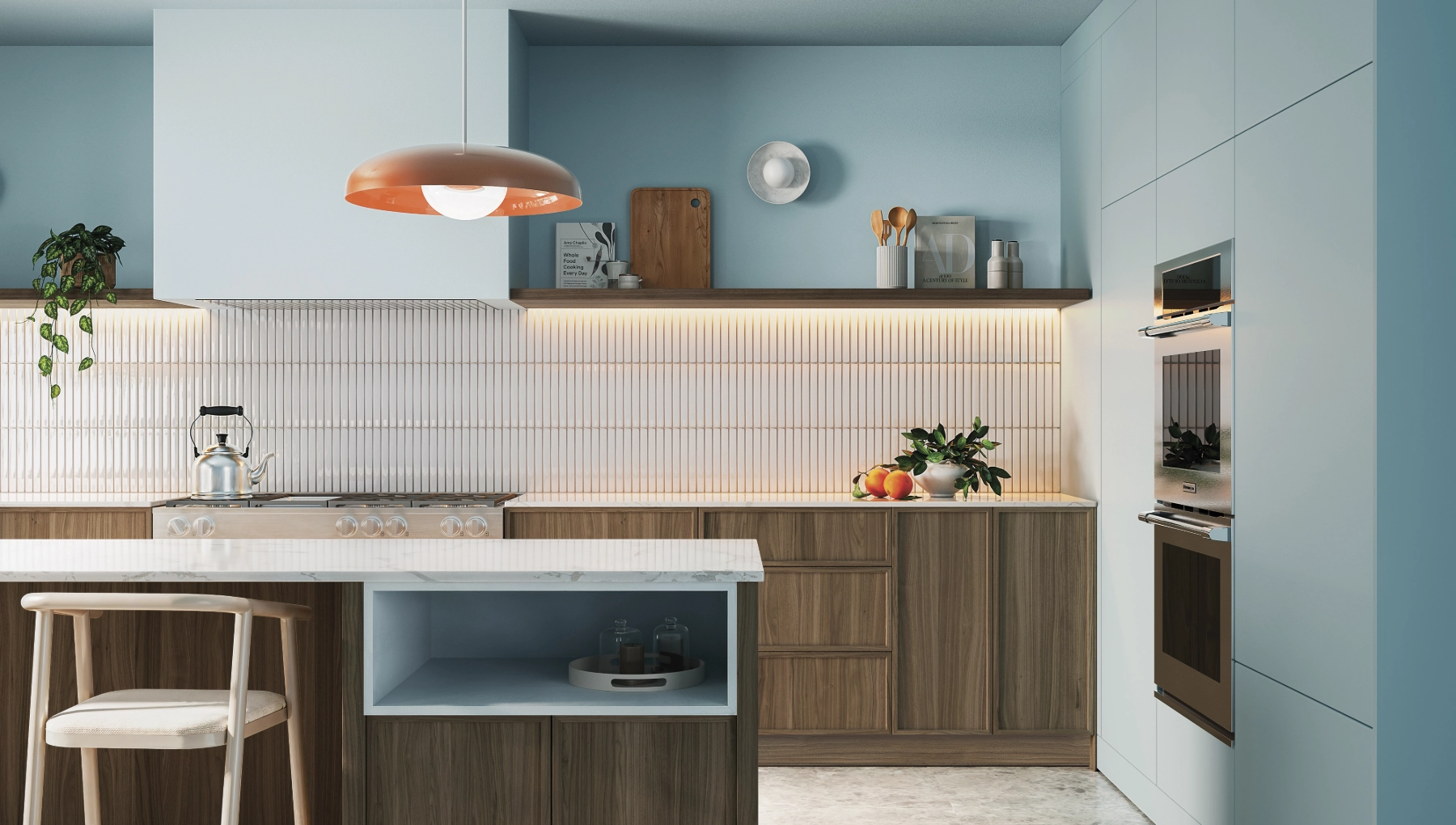 Essence by Cabico kitchen featuring Modena and Prima doors in Tofino blue and Cozy Walnut finishes, with a frameless construction.