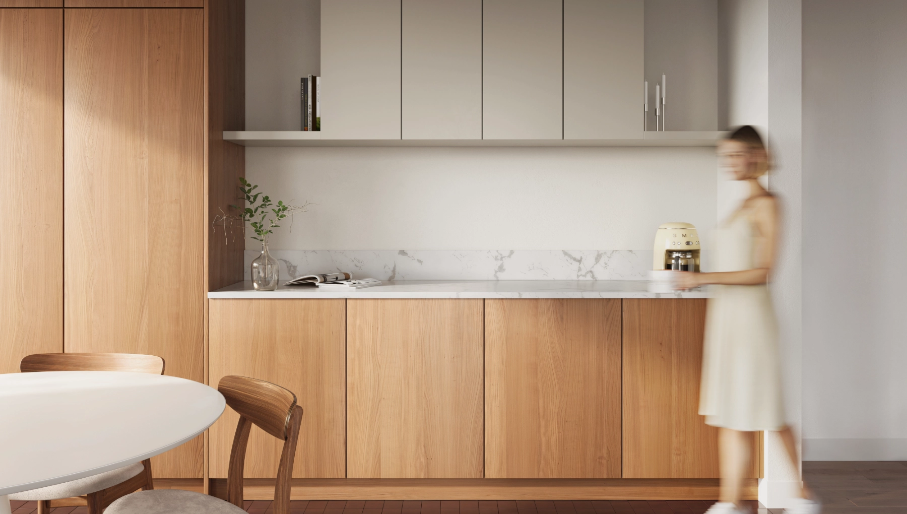 Frameless kitchen by Essence featuring Modena and Tonic doors in Roma stain on cherry and Cumberland paint on MDF. Handleless, minimalist design with European influence.