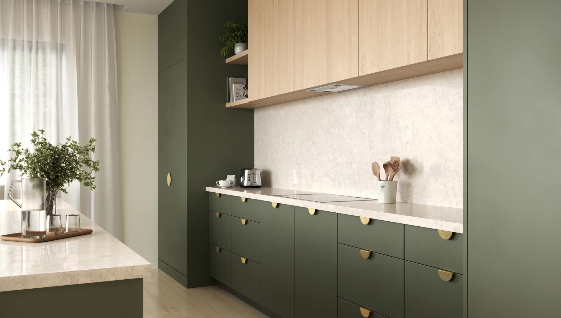 Essence kitchen featuring Modena and Tonic door styles in Calming Green paint and Natural Maple. Frameless cabinetry with a minimalist, warm, and serene design.