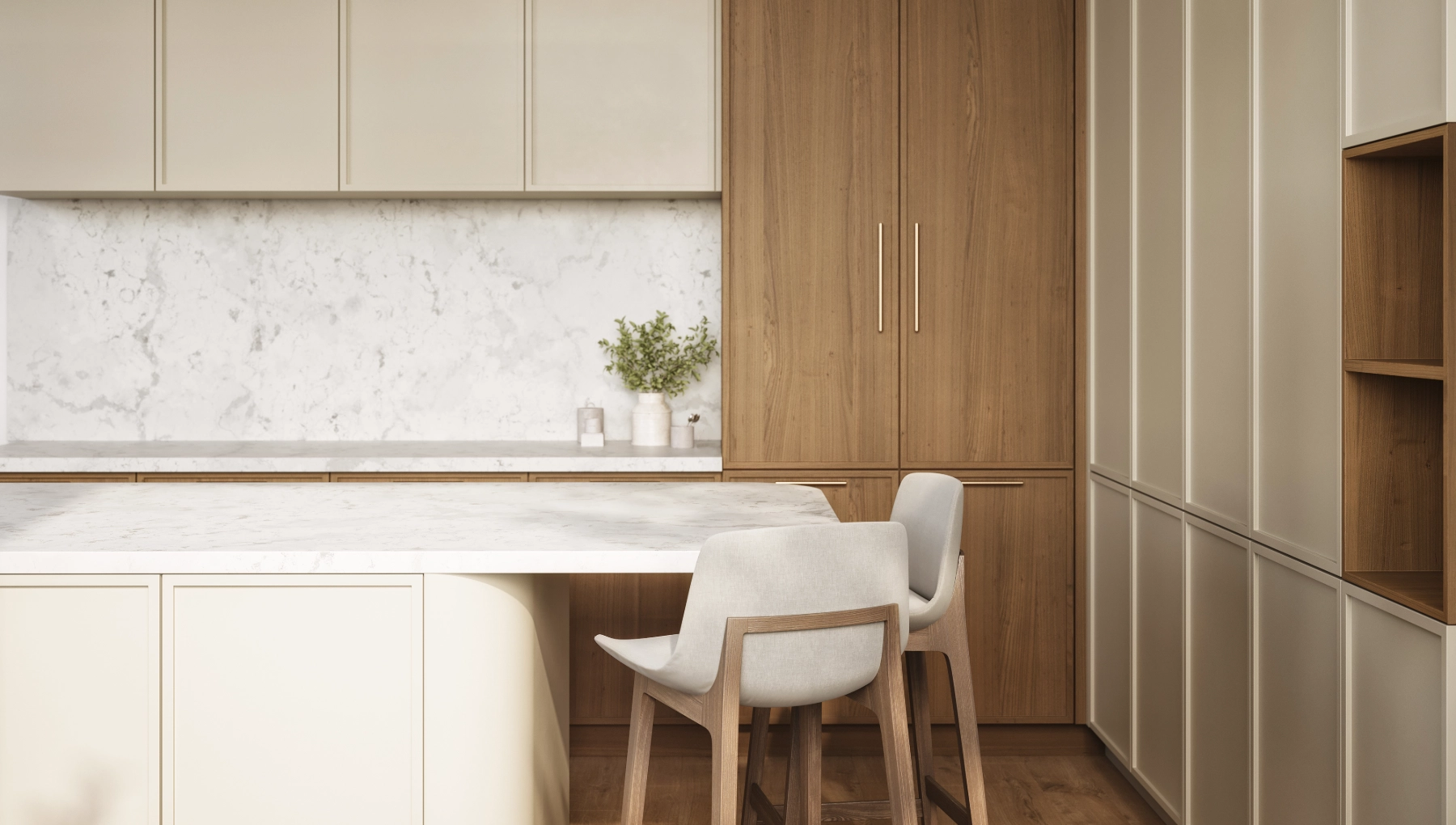 Greige and wood kitchen by Cabico, showcasing frameless cabinetry with door styles 85 and 95 in Canyon stain on cherry wood and Soothing Sand paint on MDF.